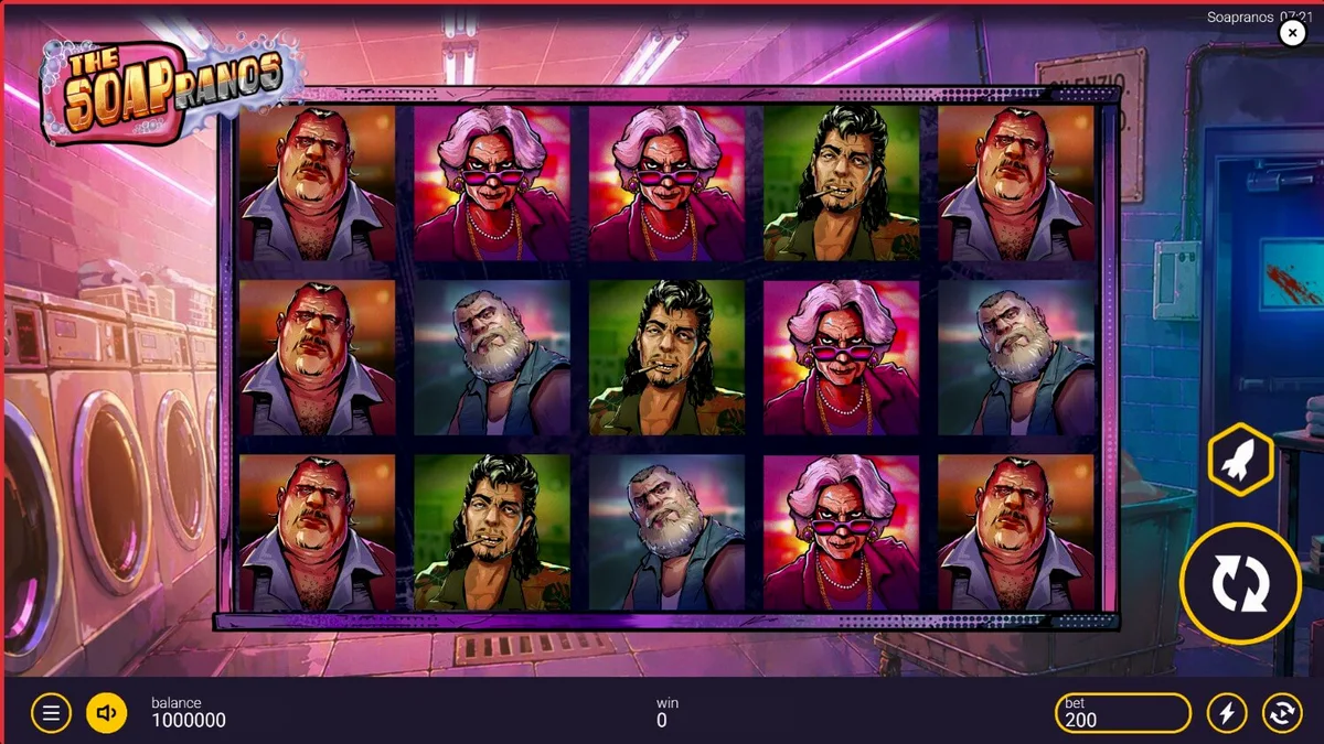 Tampilan antarmuka seluler slot The Soapranos dengan tema mafia dan binatu.