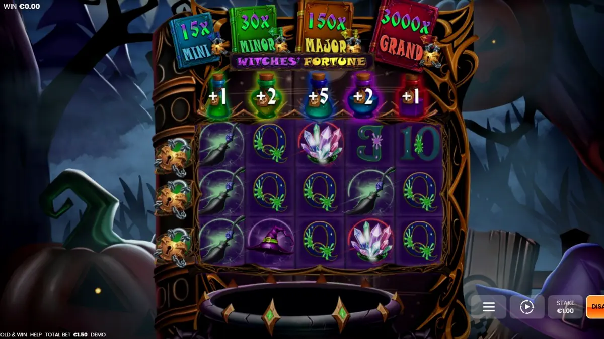 Tampilan visual slot Witches’ Fortune: Hold & Win dengan tema penyihir dan kuali ajaib