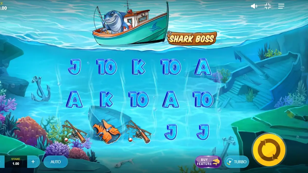 Ilustrasi permainan slot Shark Boss dengan hiu memancing di perahu di tengah laut biru.
